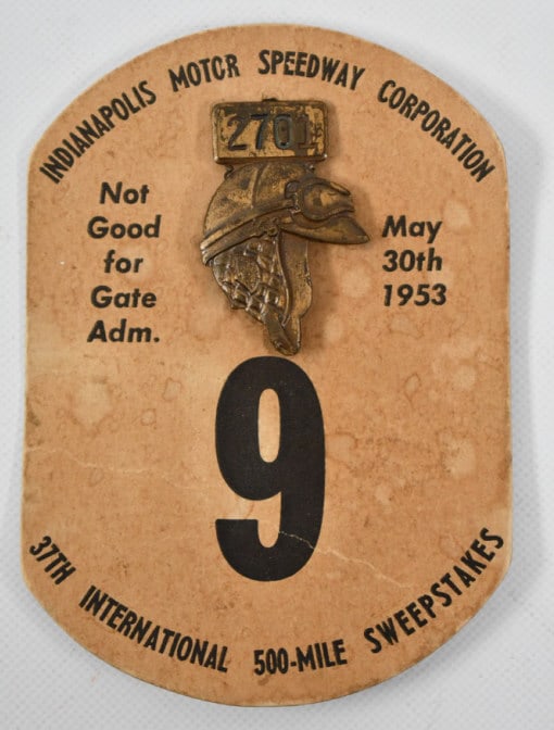 1953 Indianapolis 500 Pit Badge with Back Up Card: An original 1953 Indianapolis 500 Pit Badge with back up card. The pit badge was required to enter the pits at the Indianapolis Motor Speedway. The 37th 500 mile race was won by Bill Vukovich in the K