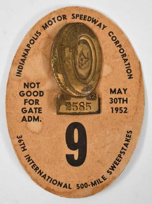 1952 Indianapolis 500 Pit Badge with Back Up Card: An original 1952 Indianapolis 500 Pit Badge with back up card. The pit badge was required to enter the pits at the Indianapolis Motor Speedway. The 36th 500 mile race was won by Fred Agabashian in the