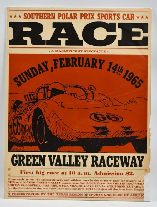 1965 Southern Polar Prix Poster by Bill Neale: Carroll Shelby debuted the highly anticipated Ford Mustang GT350, driven by Ken Miles at the 1965 Southern Polar Prix Sports Car Races at Green Valley. The SCCA Regional event poster, featuring a Jim 