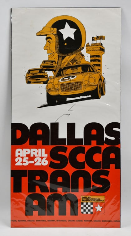 SCCA Trans Am Race Dallas Speedway Poster by Neale: "Gentlemen, Stop Your Engines" was the headline on race day.On Saturday, April 25th a heavy spring downpour caused havoc at Dallas International Motor Speedway delaying qualifying until Sunday. Of the