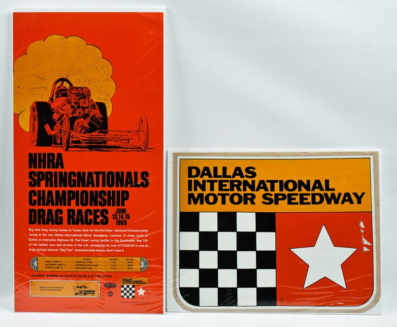 Dallas International Motor Speedway Poster & Decal: Great period graphics by Dallas artist Bill Neale are featured on this Dallas International Motor Speedway poster from opening weekend in 1969. DIMS, operated for five short seasons northwest of Dalla
