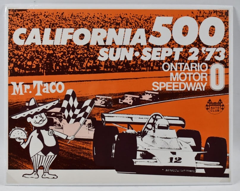 California 500 Ontario Motor Speedway Poster: The California 500 Ontario Motor Speedway Poster Indy Car 1973 Mr Taco Sponsor This original California 500 Indy car poster is in exceptional condition for its age. It measures 22 x 17 inches.Good con