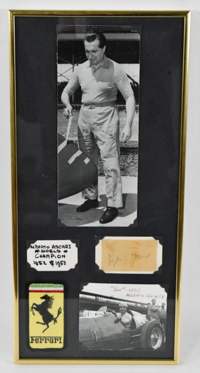 Ferrari's Alberto Ascari Framed Collection: Framed display of Ferrari's 1950s driver Alberto Ascari. Display includes period photograph, cut signature,and Ferrari patch. Displays well framed. Overall the frame measures approximately 17" tall by