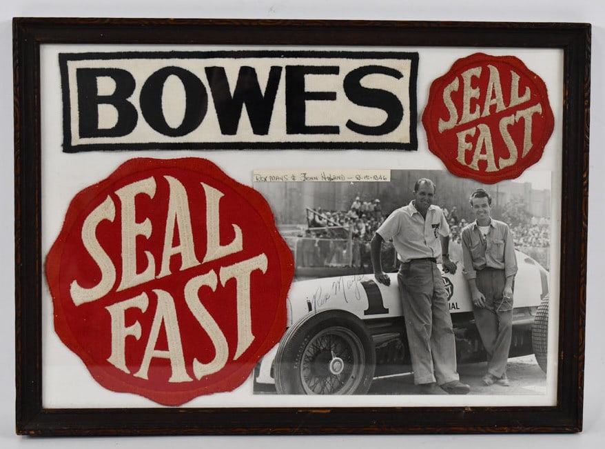 1940s Bowes Seal Fast Racing Framed Display: Unique 1940s Bowes Seal Fast racing display framed behind glass. Display includes vintage Seal Fast patches, and a signed photo of Rex Mays infront of his 1946 Bowes Seal Fast racer. Overall with fram