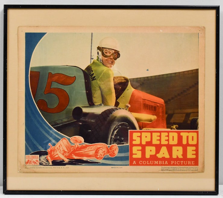 Framed Speed to Spare Movie Lobby Display Card: Speed to Spare movie released in 1948 features Richard Arlen, Jean Rogers, and, Richard Travis. The colorized Lobby Display Card is framed. The card has some pin holes, staining, and wear. The frame m
