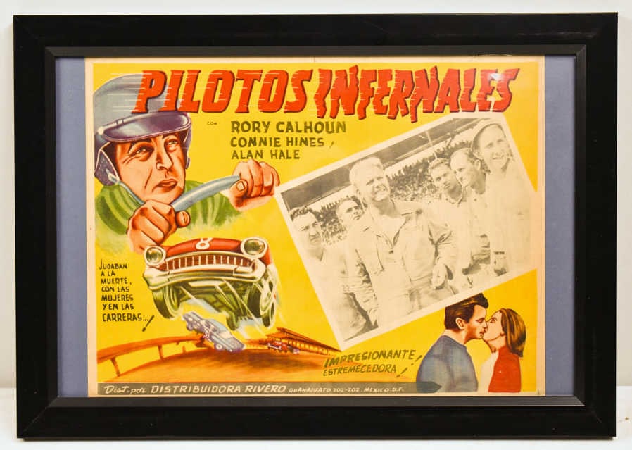 Pilotos Infernales Movie Lobby Display Card: The Thunder in Carolina movie was released in 1960 and features Rory Calhoun, Connie Hines, and Alan Hale Jr.. The Spanish Lobby Display Card is framed. The card has some pinholes and staining. The fr