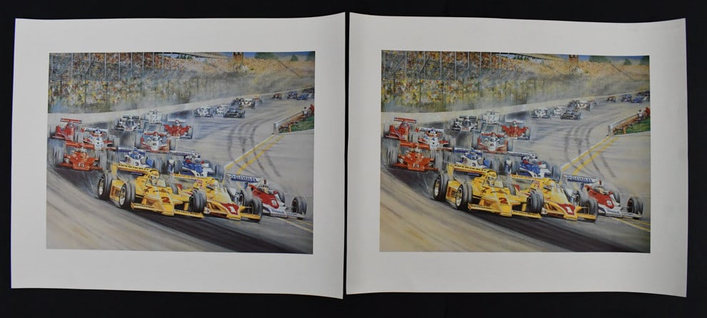 (2) Al Unser Indianapolis 500 Prints By Ron Burton: Lot of two Al Unser Indy 500 prints by Ron Burton. They appear to be in overall good condition with some discoloration, edge / corner wear, and other wear from age and storage. Overall it measures app