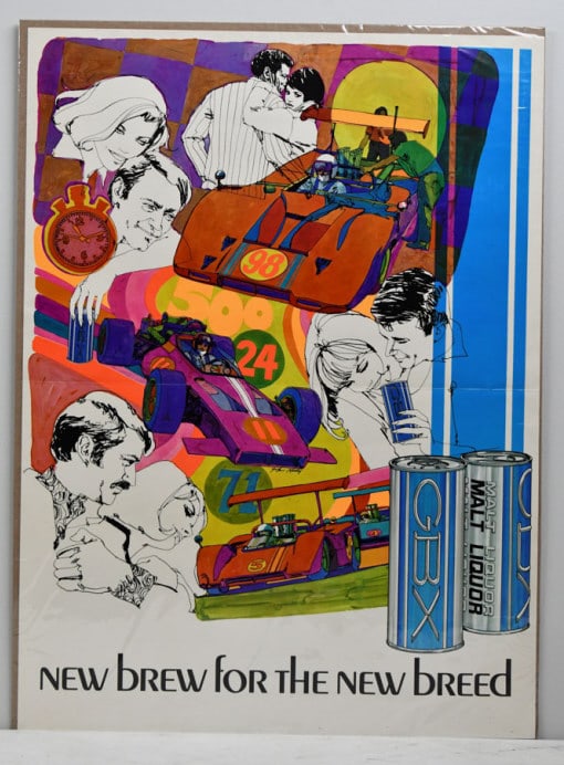 GBX Malt Liquor Poster: Cool and Hip 70s GBX Malt Liquor poster with colorful racing graphics and couples showing that the young crowd could be cool with Grain Belt Breweries' answer to Schlitz Malt Liquor. A new brew for th