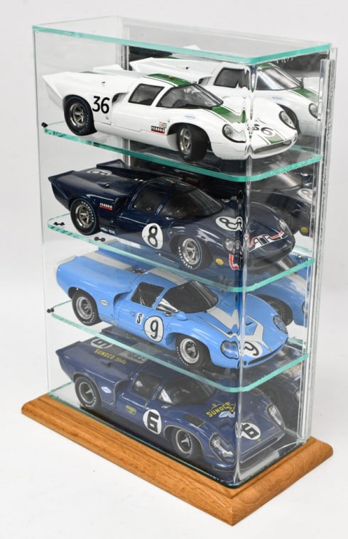 1/18 Scale GMP Die-Cast Lola Cars In Display Case: #9 1:18 Diecast Light BlueGMP 1969 Sunoco T70 Lola Coupe Mark Donohue/Parsons #6 1:18 Diecast#8 1:18 Diecast Dark Blue#36 1:18 Diecast WhiteGood condition in the display case with light dust from disp