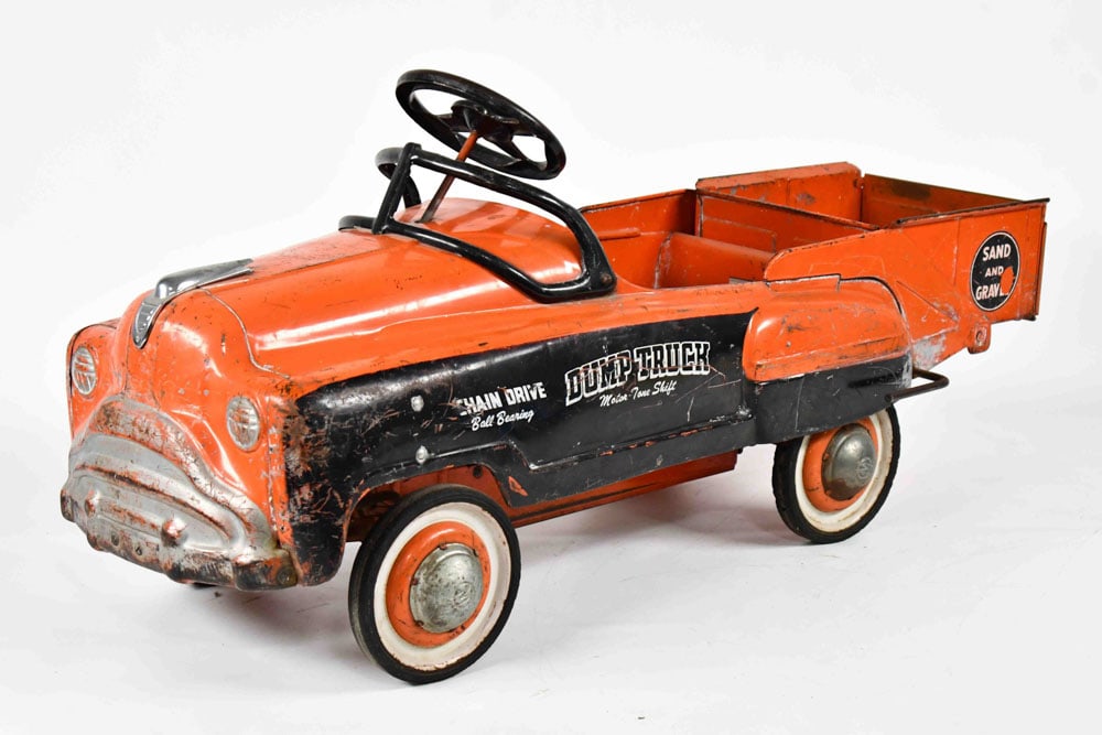 Original Orange Murray Sand & Gravel Dump Truck: Original Murray chain drive sand and gravel dump truck. The truck is in overall nice original condition with paint loss, scratches, and wear from use and age. The rear bed dumps. Displays well with or