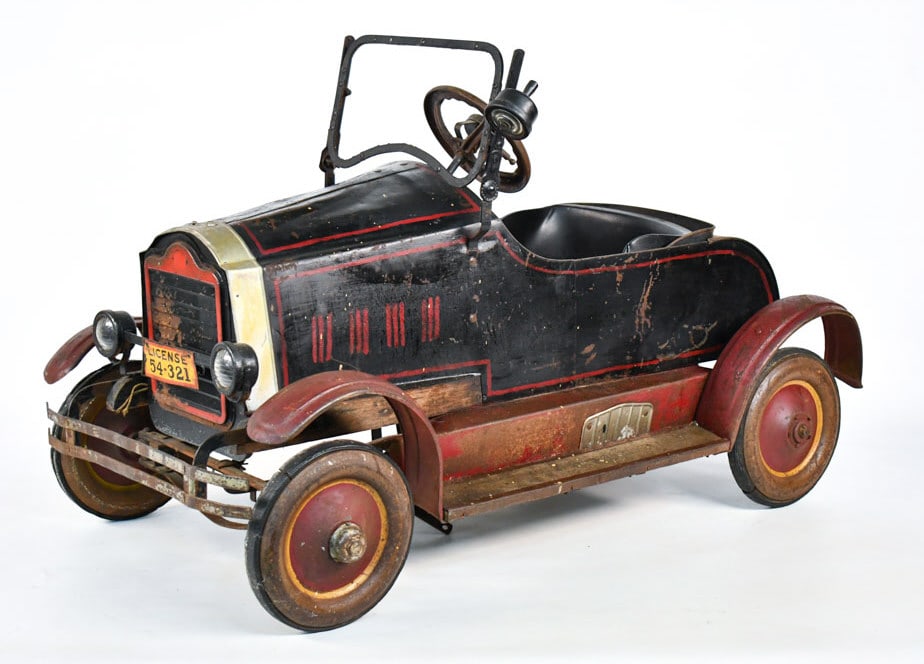 Early J.J. Moreau & Sons Marmon Pedal Car: Very hard to find original J.J. Moreau & Sons Marmon pedal car. The dash of the car is marked J.J. Moreau & Sons. The car has full suspension, headlights, front license plate, and windshield. The car 