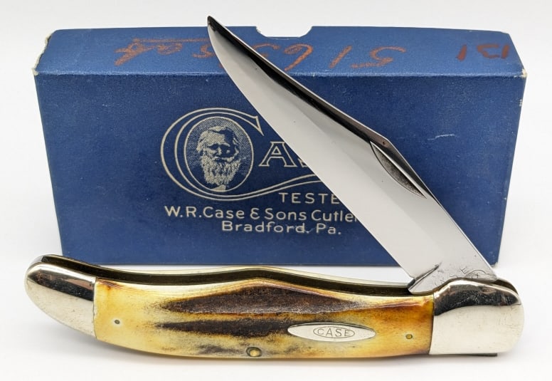1932-40 Case XX Large Folding Hunter 5165 w/ Box: 1932-40 Case XX Large Folding Hunter 5165 w/ Box. Knife is in nice condition with a polished blade with some material loss from use and stag handle scales. Knife measures 5-3/8in when closed.