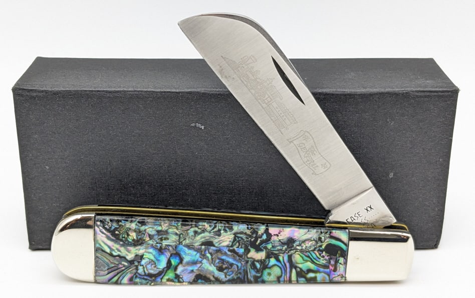 1980 Case XX Custom Abalone Lineman's Knife 1199SH: 1980 Case XX Custom Abalone Lineman's Knife 1199SHR w/ Box & COA. Knife was customized by Mike Newland is 2022 and is 1 of 1 and features a train title "The General" etched on the blade. Knife is in v