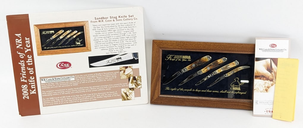Ltd 2008 Case XX NRA Genuine Stag Knife Set: Ltd 2008 Case XX NRA Genuine Stag Knife Set w/ Case & Board Display. Set includes a Toothpick, Gunstock, Stockman, and Trapper with friends of the NRA on the main blades. Knives are numbered 0220 of 1