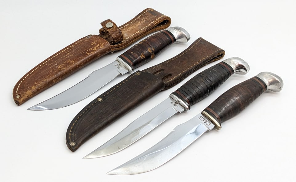 Vtg Case XX Fixed Blade Hunting & Skinning Knives: Vtg Case XX Fixed Blade Hunting & Skinning Knives. Knives are in nice used condition with wear on the blades and handles from use and age. Models include 365 and 323-5. Largest knife blade length of 5