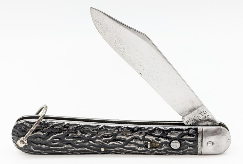 Early Presto Metal Handle Switchblade Knife: Early Presto Metal Handle Switchblade Knife. Knife is in nice condition with a polished blade with material loss, scratches, and pitting, some scuffs on the bolsters, and textured metal handle scales.