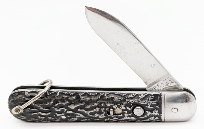 Early Presto Geo. Schrade Switchblade Knife: Early Presto Geo. Schrade Switchblade Knife. Knife is in nice used condition with a polished blade with material loss, scratches, and pitting, scuffs and dings on the bolsters, and textured metal hand