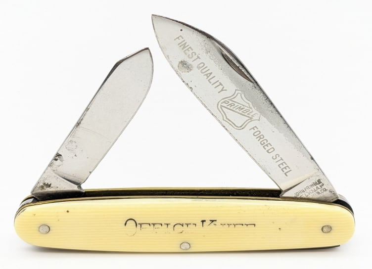 John Primble Office Pocket Knife: John Primble Office Pocket Knife. Knife is in good original condition with unused polished blades with some discoloration, and white plastic handle scales with "Office Knife". Overall length of 3-1/2i