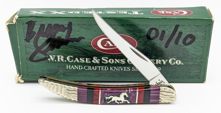 2005 Case XX Yellowhorse Kentucky Derby Toothpick: Ltd 2005 Case XX Brian Yellowhorse Kentucky Derby Tiny Toothpick 610096 w/ Box. This knife is customized by Brian Yellowhorse with natural stones and engraved bolsters. Knife is numbered 01 of 10. Kni