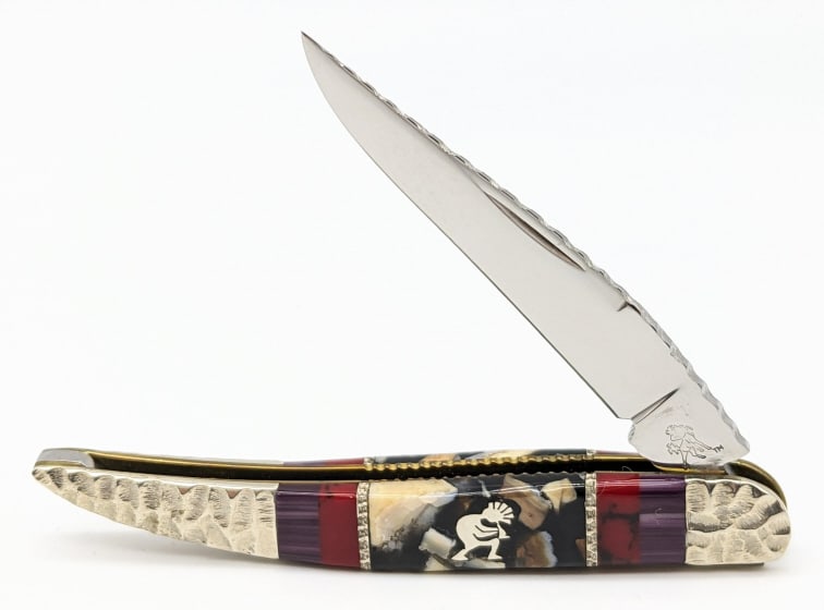 Ltd Custom Brian Yellowhorse Tiny Toothpick Knife: Ltd Custom Brian Yellowhorse Tiny Toothpick Knife. This knife is custom made by Brian Yellowhorse with natural stones and engraved bolsters. Knife is numbered 013 of 100. Knife is in like new conditio