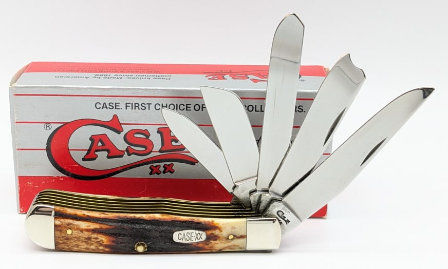 1996 Case XX Red Stag The Beast 5 Blade Trapper: 1996 Case XX Red Stag The Beast 5 Blade Trapper Knife R5554 w/ Box. Knife is in like new condition. Overall length of 4-1/4in when closed.