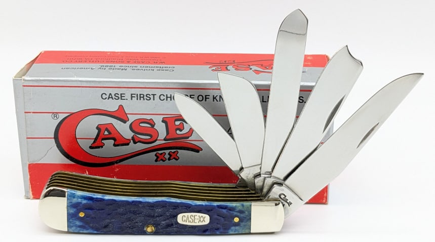 1997 Case XX Blue Bone The Beast 5 Blade Trapper: 1997 Case XX Blue Bone The Beast 5 Blade Trapper R5554 w/ Box. Knife is in like new condition. Overall length of 4-1/4in when closed.