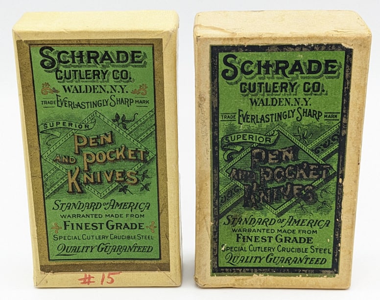 (2) Schrade Cutlery Co Pocket Knife Boxes: (2) Schrade Cutlery Co Pocket Knife Boxes. Two empty vintage Schrade Knife boxes that are in very nice used original condition. Biggest box measures 3 5/8 by 2 1/8. Boxes read No B1254 WPE, NO R7429GS