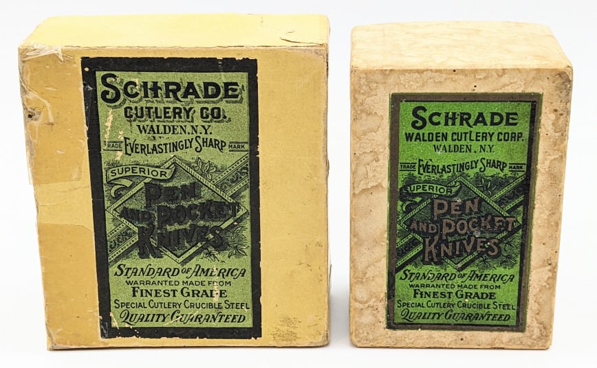 (2) Schrade Cutlery Co Pocket Knife Boxes: (2) Schrade Cutlery Co Pocket Knife Boxes. Two empty vintage Schrade knife boxes that are in very nice used original condition. Biggest box measures 3 3/4 x 4 1/8. Boxes read 175 & B1091 3/4.