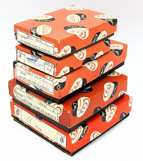(5) Case XX Orange Knife Boxes: (5) Case XX Orange Knife Boxes. Boxes are in nice condition with light wear from handling and age.