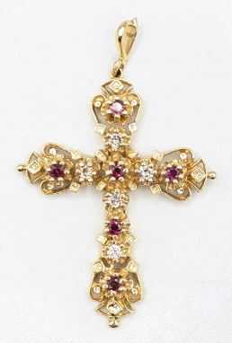 Vintage 14K Yellow Gold Diamond & Ruby Cross (1 of 4)