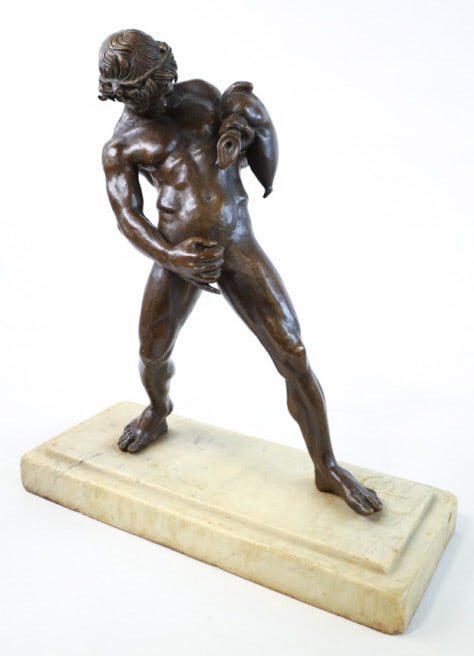 Late 19th Century Grand Tour Style Bacchus Bronze: Late 19th century Grand Tour style bronze sculpture of Bacchus holding a wine skin. The bronze comes on a marble base and is in nice condition, unsigned. Measures 22" tall x 20" across x 8-1/2" deep. 