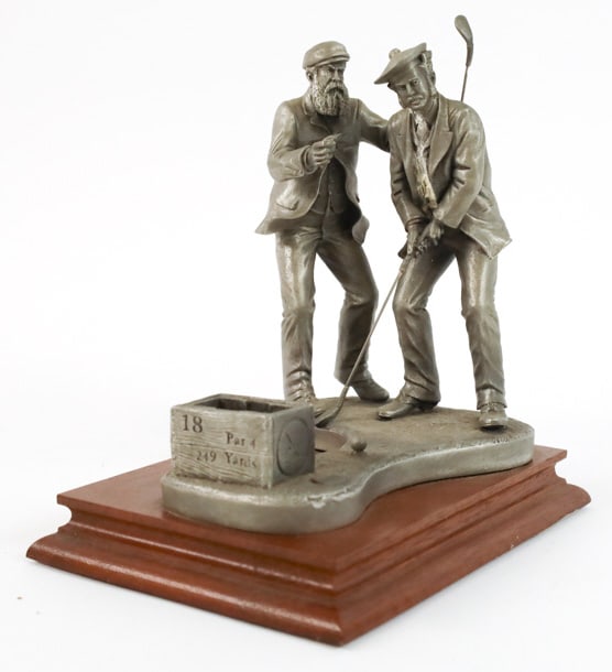 Chilmark "Changing Of The Guard" Golf Sculpture: 1997 Chilmark Pewter golf sculpture by artist MIchael F. Roche. The sculpture is titled "Changing Of The Guard" and is #33 in an edition of 5000. The piece is signed and numbered . Measures approximat