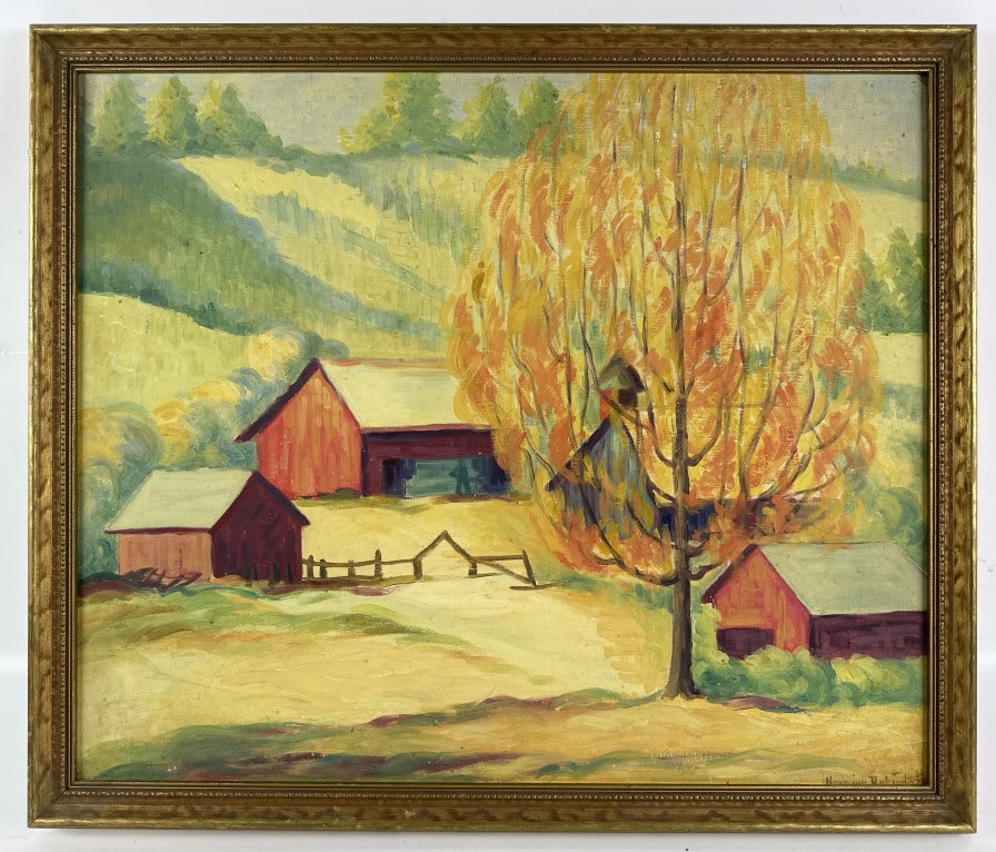 Hermine M. Roberts Farm Landscape Oil On Board: Oil on board painting by listed Montana & Indiana artist Hermine Matilda Roberts (1892 - 1962). The painting features a farm landscape and is signed in the lower right. Sight measures approx. 18-5/8" 