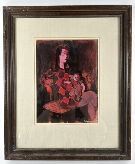 Gustav Likan "Mother & Child" Acrylic On Paper: Acrylic on paper painting by listed Illinois / Texas / Germany artist Gustav Likan (1912-1998). The painting features a Mother & Child and is signed in the lower right. Sight measures approx. 8-1/2" a