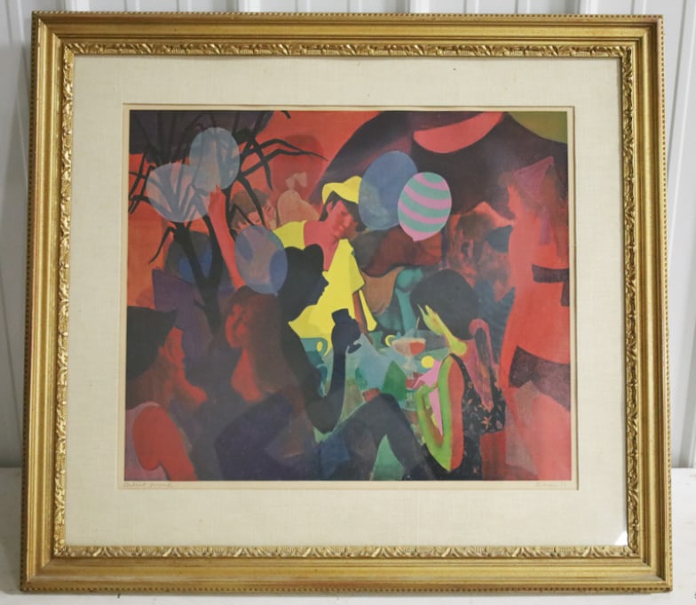 1974 Gustav Likan "Cafe Scene" Lithograph: 1974 Artist Proof lithograph by listed Illinois / Texas / Germany artist Gustav Likan (1912-1998). The lithograph features a Cafe Scene and is signed and dated in the lower right. Sight measures appro