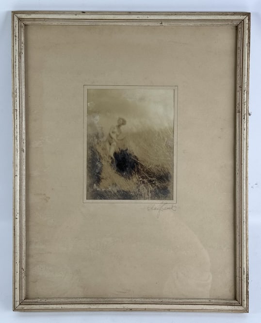 1920's Charles J. Cook Female Nude Photograph: 1920's silver gelatin photograph by photographer Charles J. Cook. The framed Nude Female in a field photo is under glass signed on the matte. Sight measures approx. 5-3/4" across x 7-1/4" tall, framed