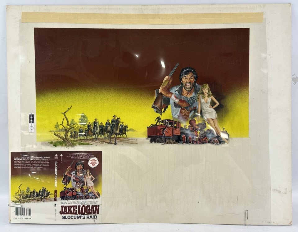 Slocum's Raid Bookcover Art By Bart Jerner: Original bookcover art by listed artist Bart Jerner. The art was featured on the Jake Logan novel cover "Slocum's Raid". Great condition with a copy of he bookcover included. Sight measures approx. 21