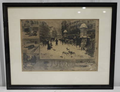 Felix Hilaire Buhot L"hiver de 1879 Paris Etching: 1879 etching by artist Felix Hilaire Buhot (1847-1898) . The etching is titled "L'hiver de 1879 a Paris" and is unsigned. Sight measures 13-7/8" across x 9-1/2" tall, framed it measures 19-5/8" across