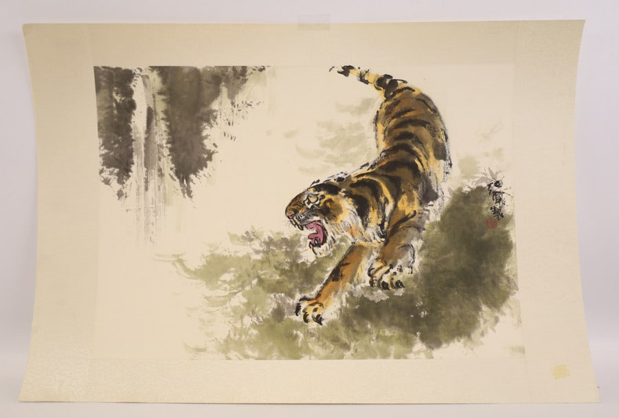 Lu Chun Lan "Tiger Running" Watercolor & Ink: Watercolor and ink on paper painted by Chinese artist Lu Chun Lan (Born 1948). The painting features a tiger running and is signed in the middle right. Sight measures 19-1/4" x 13-1/2".
