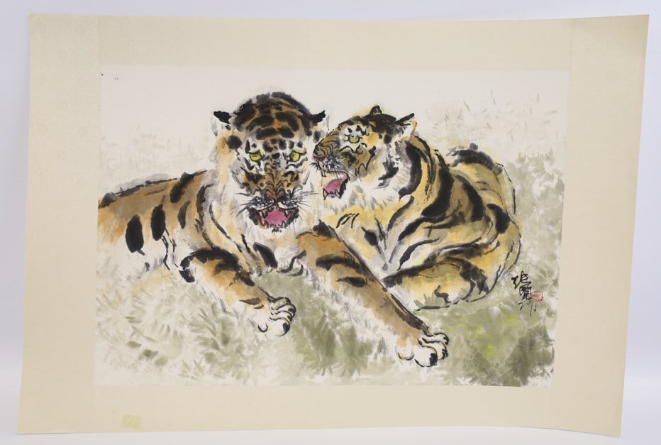 Lu Chun Lan "Tigers Resting" Watercolor & Ink: Watercolor and ink on paper painted by Chinese artist Lu Chun Lan (Born 1948). The painting features a pair of tigers resting and is signed in the lower right. Sight measures 19-1/2" x 13-1/2".