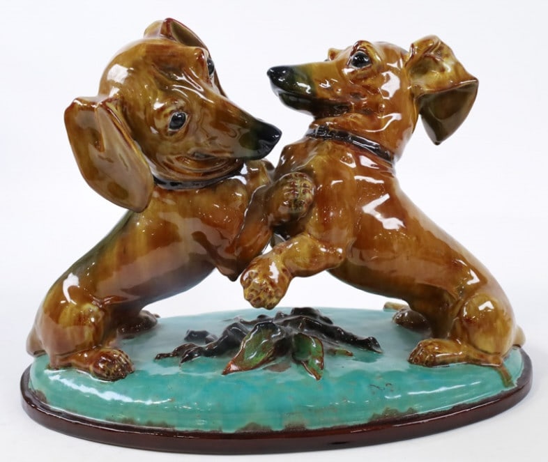 Large German Majolica Dachshunds Playing Figure (1 of 8)