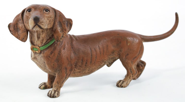 Antique Vienna Dachshund Painted Bronze: Antique Vienna painted bronze sculpture featuring a standing Dachshund. Great quality and detail. Bronze measures approximately 5" tall x 10" across x 4" deep. Nice condition.