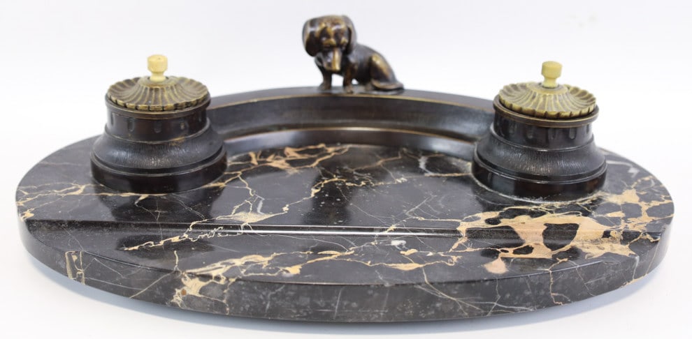 Antique Marble & Bronze Dachshund Inkwell (1 of 10)