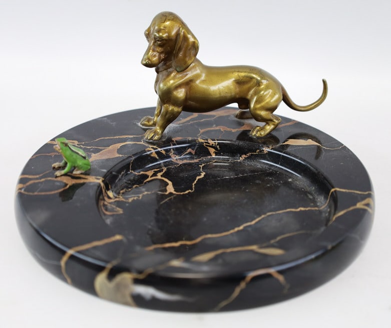 Austrian Bronze Dachshund & Frog Marble Ashtray (1 of 7)