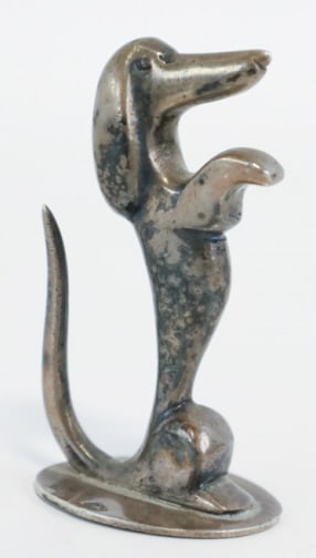 Vintage .800 Silver Dachshund Figurine: .800 silver Dachshund figurine. Measures 1-3/4" tall x 1" across x 1-1/4" deep. Weighs approximately .96 troy ounces.