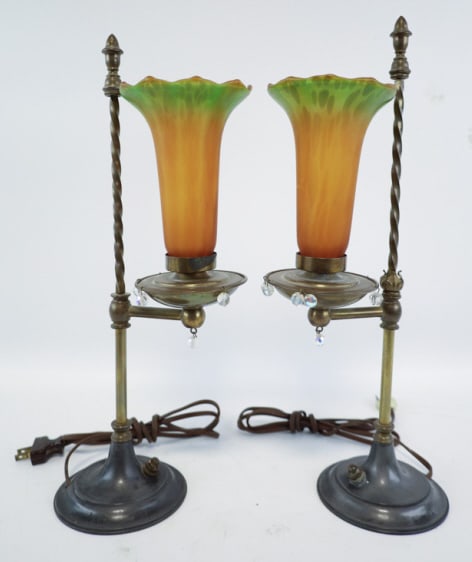 (2) Antique Table Lamps With Tiffany Style Shades: Pair of antique table lamps with Tiffany style art glass tulip shades. They measure approximately 17" tall x 5" deep. Nice condition, missing some aftermarket crystals.