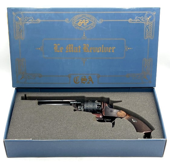 Le Mat Cavalry 9-Shot .44 / 20Ga Black Powder: Le Mat Cavalry 9-Shot .44/20 Ga Black Powder Revolver. The Le Mat Revolver is new in the box and comes with a wooden display case. The black powder revolver is a 9 shot and comes with a case hardened 