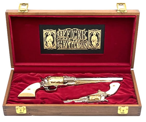 Officer & The Gentleman Black Powder Revolver Set: Officer & The Gentleman Black Powder Revolver Set. This lot contains two beautiful ASM made in Italy reproduction black powder revolvers. ASM stands for Armi San Marco. The larger revolver is marked 3