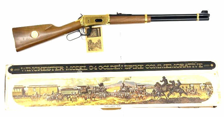 Winchester Model 94 Golden Spike 30-30 Carbine: Winchester Model 94 Golden Spike 30-30 Carbine. Winchester Model 94 Golden Spike Commemorative Lever Action Saddle Ring carbine in 30-30 Win. The carbine has a 20 inch round barrel with original hangi