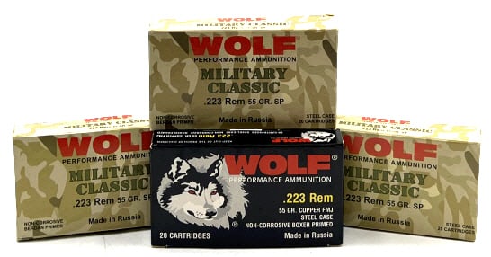 (4) Wolf Military Classic & Performance 223 Ammo: (4) Wolf Military Classic & Performance 223 Ammo. This lot contains three boxes of Wolf Military Classic 223 caliber ammo . One box of Wolf Performance ammunition. All four of these boxes are in 55 gr